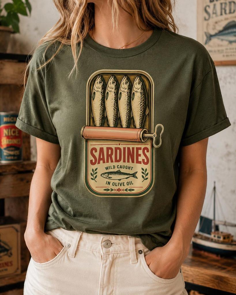 Vintage Sardines Shirt, Wild Caught Fish Tee, Olive Oil Seafood Lover Gift, Retro Tin Can Food Outfit, Coastal Kitchen Graphic Apparel Style