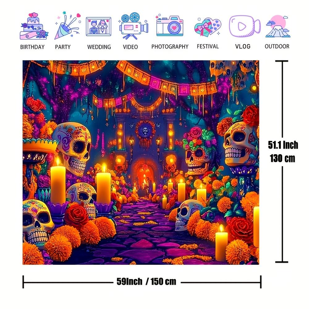 One Polyester Background Fabric for Dia De Los Muertos, Featuring Skulls and Flowers Design, for Indoor Party Decoration Banner