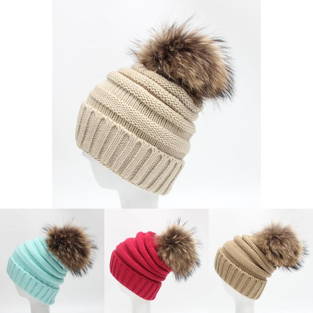 Women Stripe Knitted Hairball Hat Thickened Design Outdoors Keep Gifts Warm