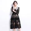 Spring Autumn Women Elegant V-neck Embroidery Flower Lace Long Maxi Party Dresses With Belt
