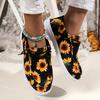 Ladies Casual Round Toe Slip-On Shoes Black, Breathable, Anti-Slip, Sunflower Pattern, Easy to Wear, Flat Heel, Fabric Upper, EVA Sole, Fabric Insole