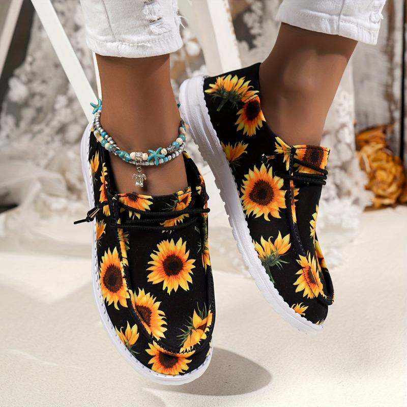 Ladies Casual Round Toe Slip-On Shoes Black, Breathable, Anti-Slip, Sunflower Pattern, Easy to Wear, Flat Heel, Fabric Upper, EVA Sole, Fabric Insole