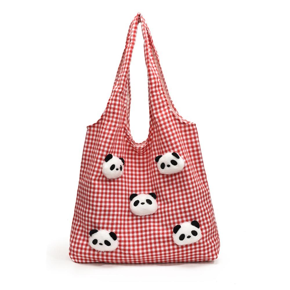 Vacation Canvas Shopping Bag Panda Doll Office Worker Handbag Casual Plaid Shoulder Bags  Outdoor