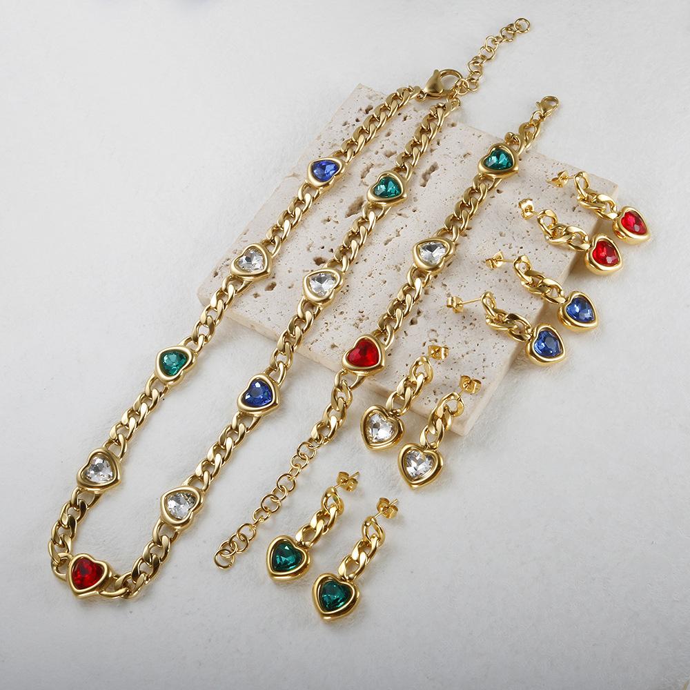 Classic Cuban-link Chain Women's European American Instagram Style Stainless-steel Heart-shaped Earring Bracelet Jewelry Set
