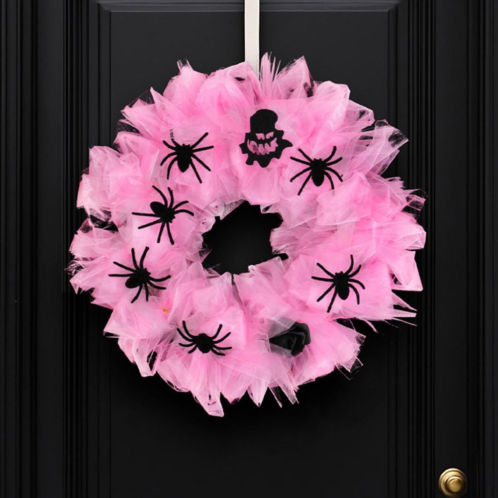 Halloween Home Decor Indoor Outdoor Halloween Wreath Spooky Halloween Wreath with Pink Gauze Spiders Decorative Front