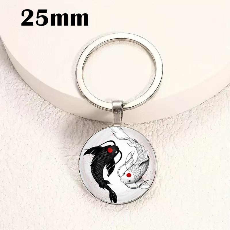 Yin Yang Black and White Fish Design Round Glass Alloy Keychain, Pendant Accessories