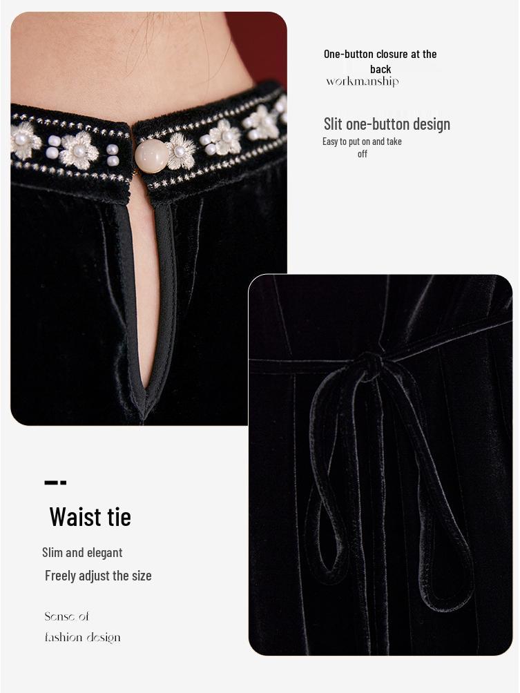 Festive Velvet Silk Dress: Round Neck, Solid Color, Mid-Length Skirt for Women 1983