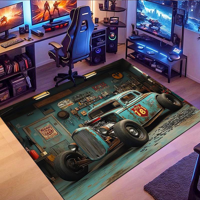 Vintage Car Garage-Themed Rug, suitable for living room, bedroom, game room, computer room and home décor.