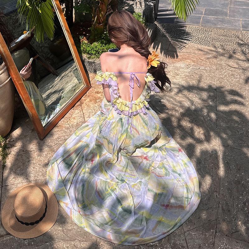 Romantic Print Contrasting Color Ruffle Edge Halter Dress Vacation Fairy Dress