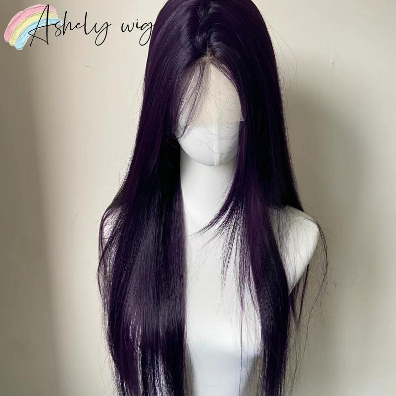 13x4 Dark Purple Wig Long Straight Purple Synthetic Lace Front Wigs for Woman Daily Use Heat Resistant Fiber Glueless Lace Wigs