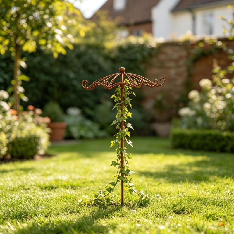Umbrella Top Climbing Support Trellised for Potted Foliage, Metal Stake with Brown Finish for Balcony Displays, Outdoor Rows, and Small Outdoor