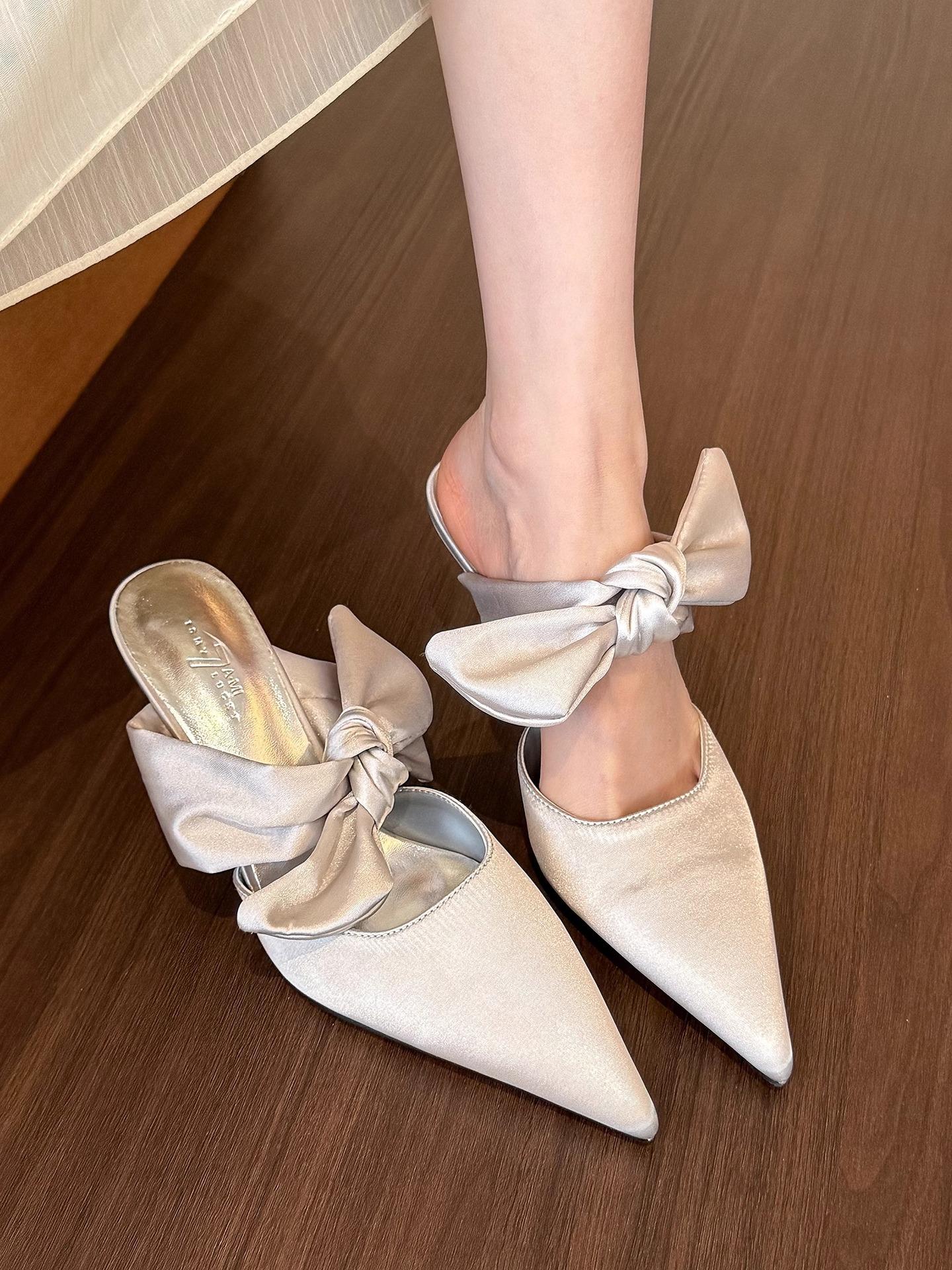 

New Chinese satin bow pointed head stiletto high heels 2025 new fashion design bag head half slippers 40
