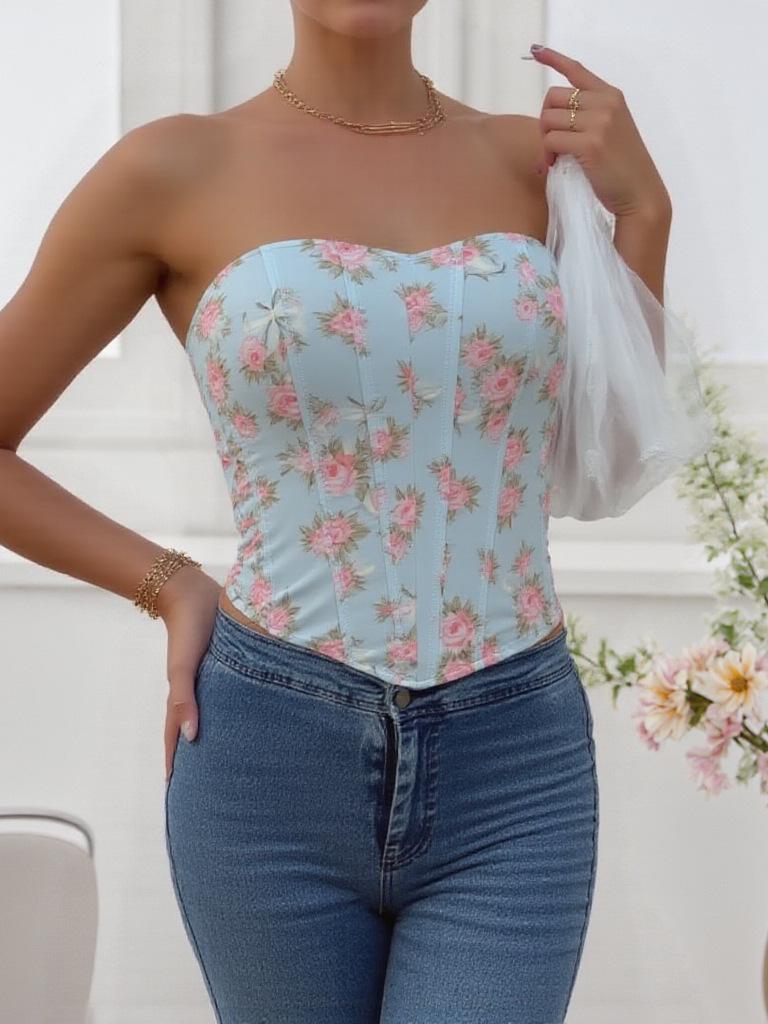 European & American Sexy Backless Floral Fishbone Camisole