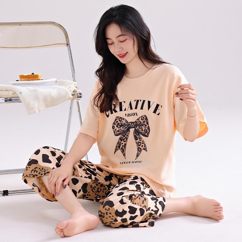 Pajamas women's summer pure cotton short-sleeved printed cropped pants thin cotton women's loungewear summer loose large size set