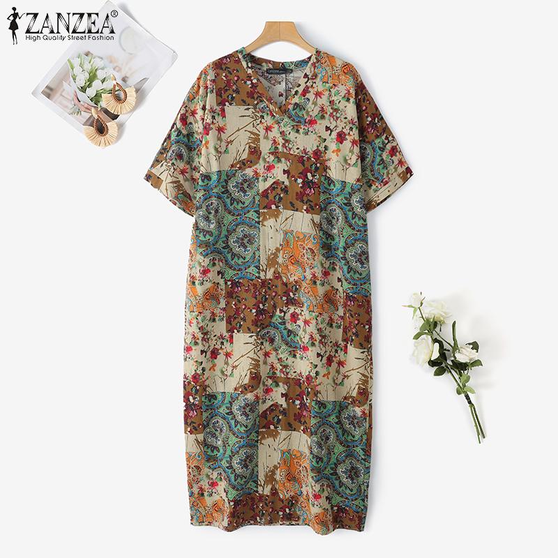 ZANZEA Womens Vintage Short Sleeve Floral Print Casual Long Dress