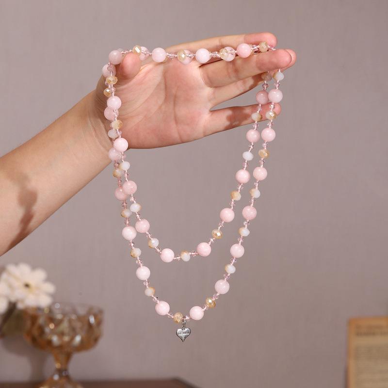Simple Temperament Powder Crystal Light Luxury High Sense Crystal Beaded Long Necklace Sweater Chain