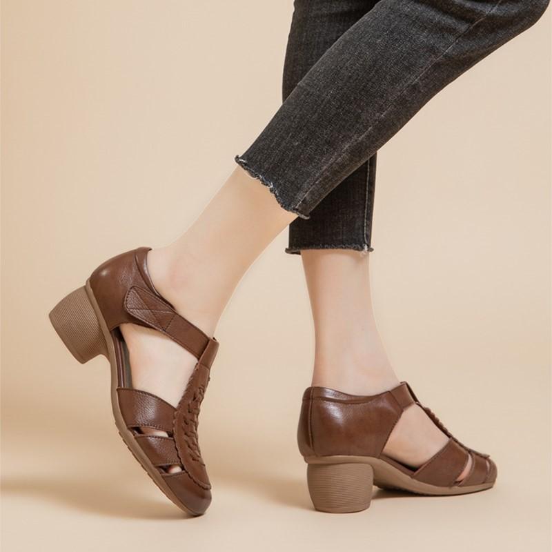 Johnature Echtes Leder Sommer Damen Schuhe Bequem Rindsleder Hohle Weiche Sohle Dicke Hohe Absätze Sandalen