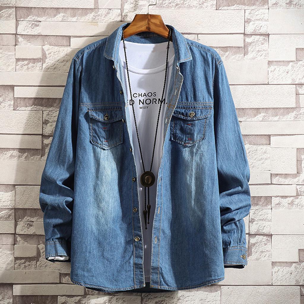 

(SU)Мужская модная джинсовая рубашка с длинным рукавом, повседневная удобная блузка