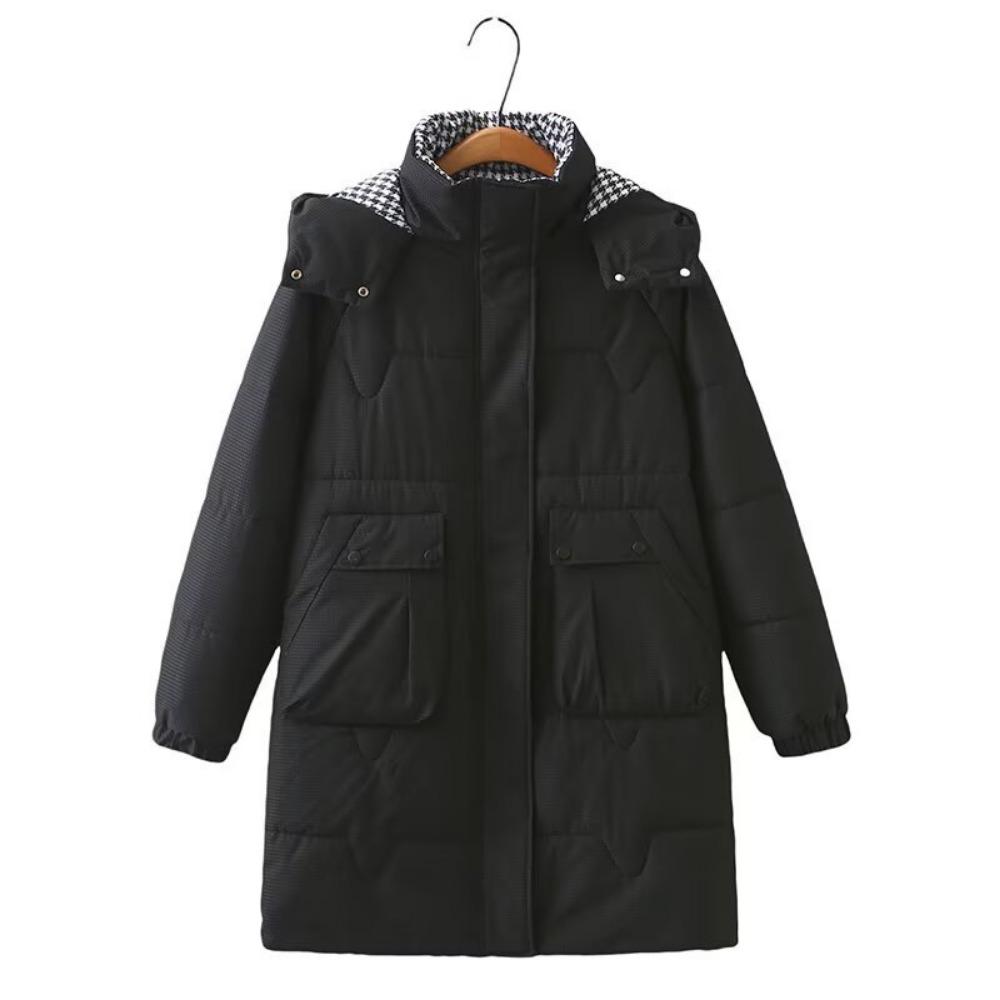 Winter Pocket Padded Jacket Plaid Hooded Women's Fashion Casual Mid-length Padded Jacket