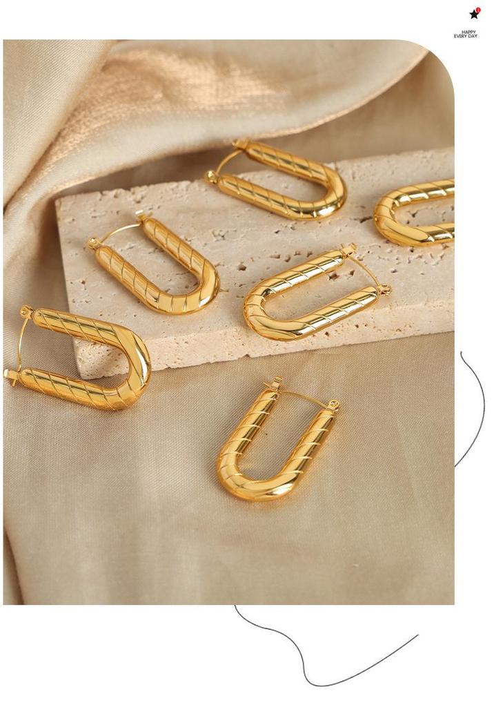 European & American U-Shaped Long Plaid Earrings, Gold-Plated Titanium Steel, Colorfast Jewelry for Women