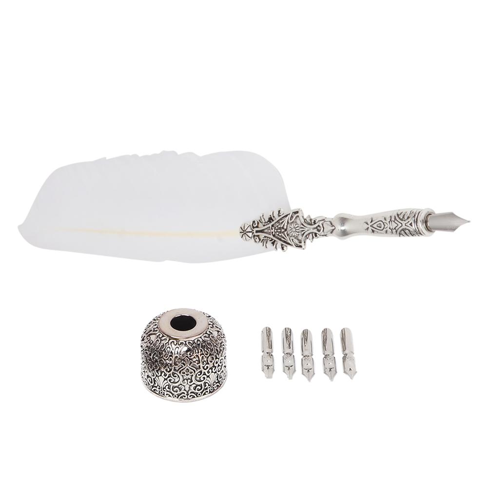 European Vintage Fountain Pen Feather Quill Dip Pen Signature Pen Set Stationery Gift (White)