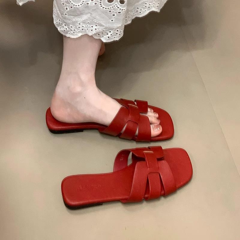 Sheepskin Version! Retro Brown Sandals Women's Summer Square Head One-word Open-toe Rear Strap Thick Heel Casual Roman Shoes