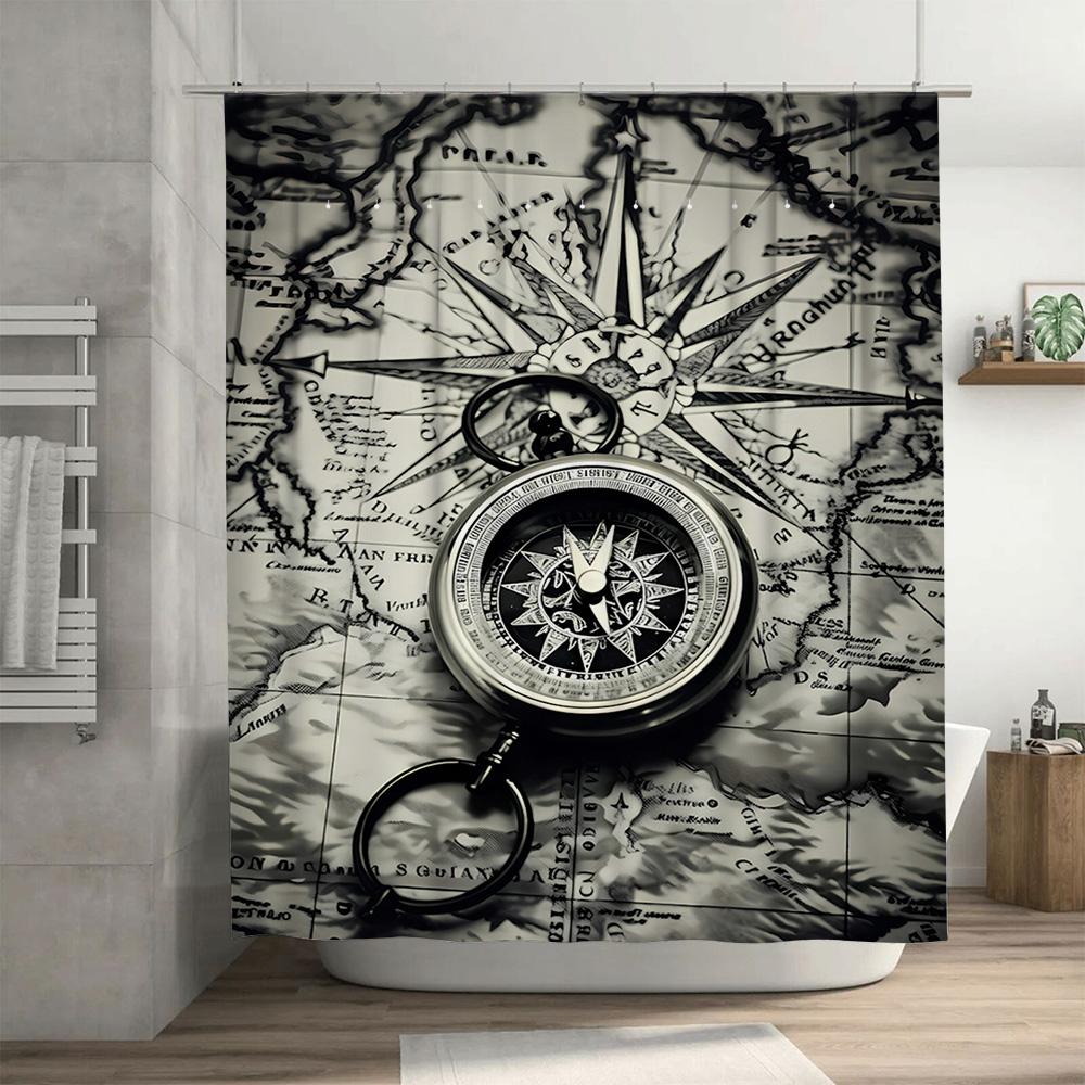 Luxury Compass Map Shower Curtain Set Waterproof Decorative Bath Rugs For Bathroom Home Decor In Black White Style