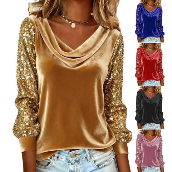 Women Tops Piled Collar Sequined Long Sleeves Velvet Texture Blouse Solid Color