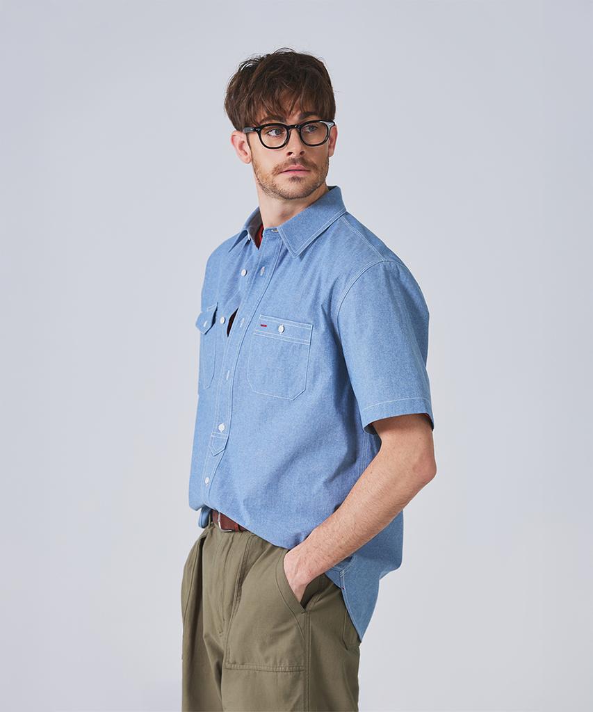 Geonjiulleunseu Chambray Work Short Sleeve Shirt - Light Blue