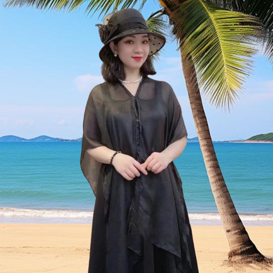 Summer Shawl V-Neck Buttons Placket Lightweight Sun Protection Versatile Beach Shawl Solid Color Vacation Sunscreen Shawl