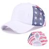 Distressed Wash Cotton Baseball Hat with Star Print Curved Brims Mesh Ponytail Sun Hat for Patriotic Women Teens Girl