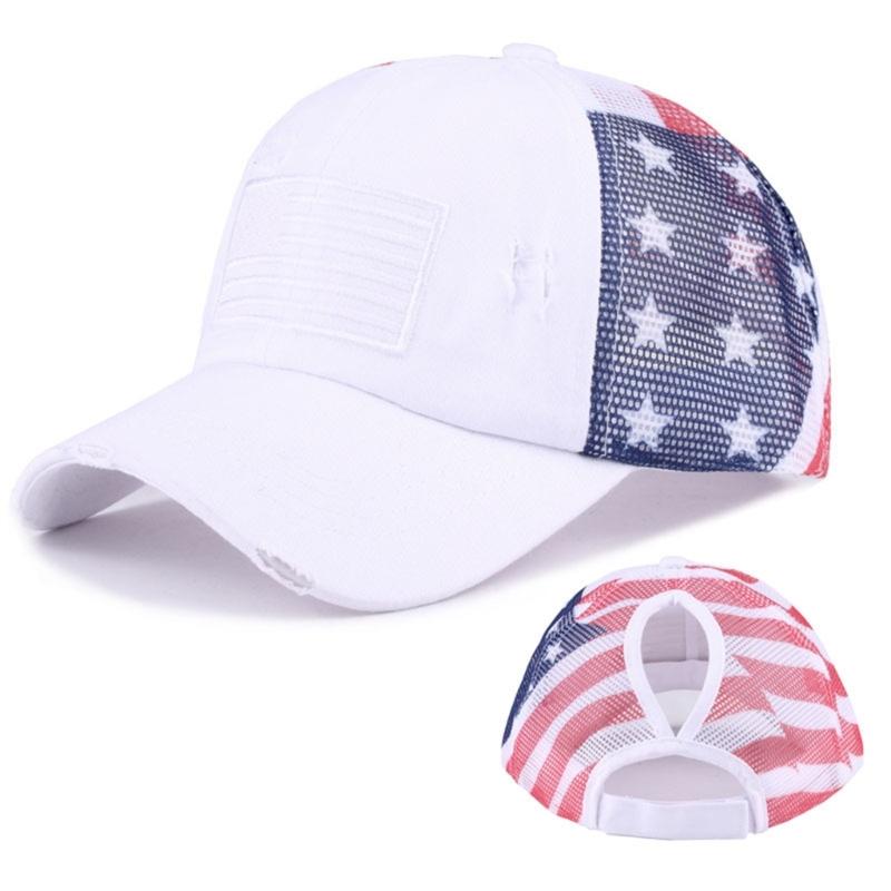 Distressed Wash Cotton Baseball Hat with Star Print Curved Brims Mesh Ponytail Sun Hat for Patriotic Women Teens Girl