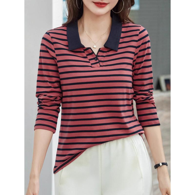 New Striped Polo Shirt Plus Size Women's Autumn Long Sleeve Base Korean Style Casual Ladies T-Shirt Age-Reducing Top Turn-Down Collar