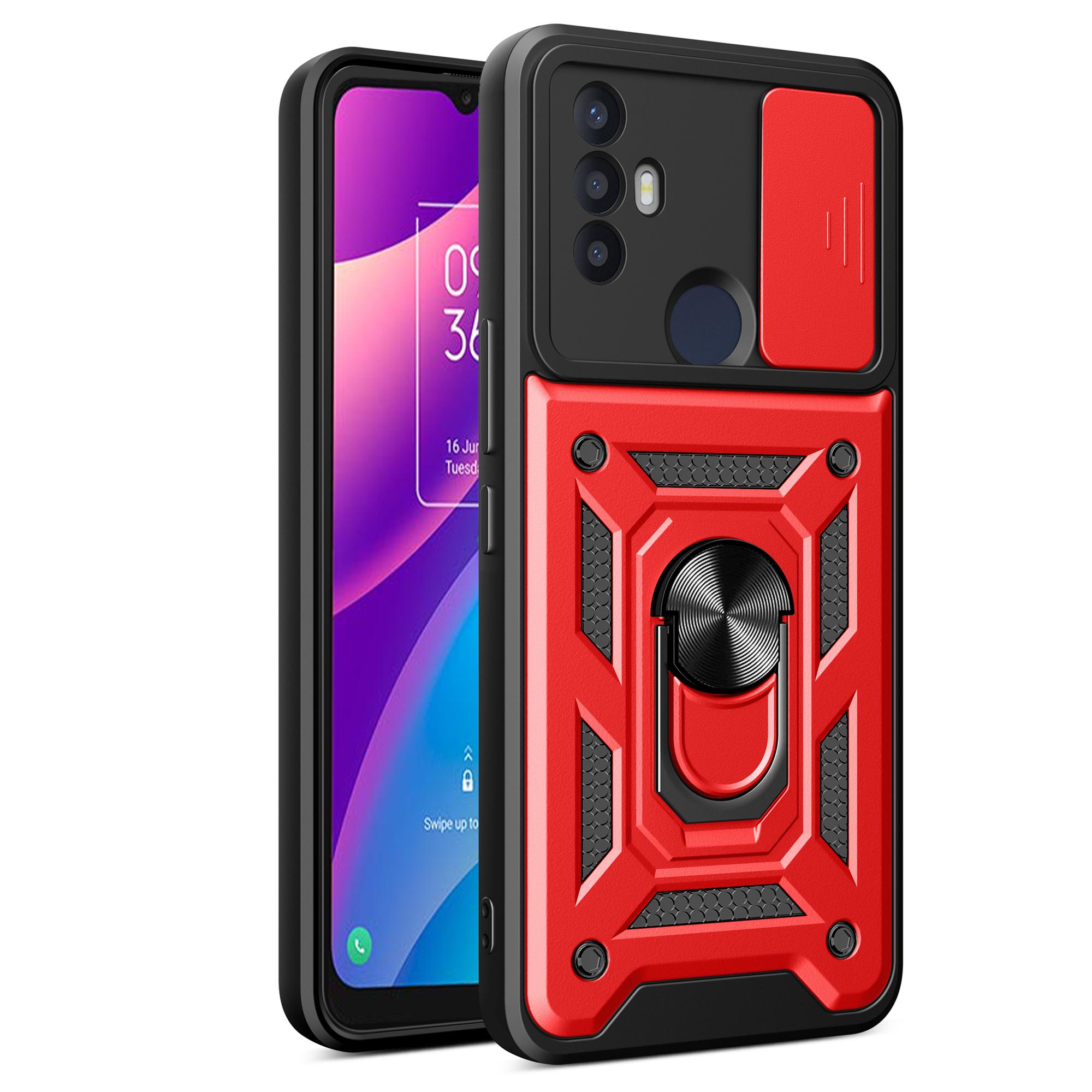 

For TCL 30 SE Phone Shell Kickstand PC+TPU Phone Case Slide Lens Protection Cover Red