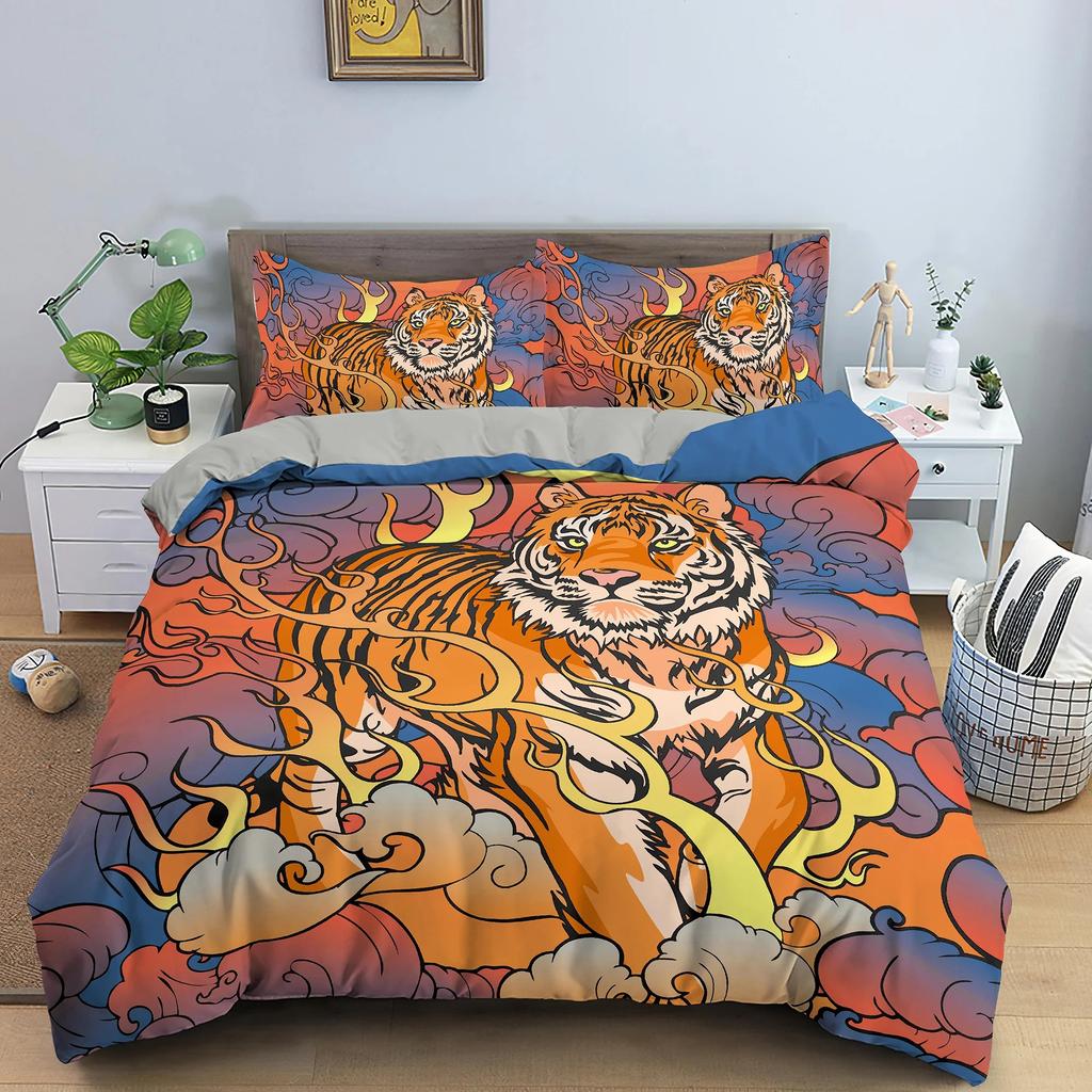 Cartoon Tiger Animal Comfortable Duvet Quilt Cover Pillowcase Bedding Set Children Bedroom Decoration Home Textile