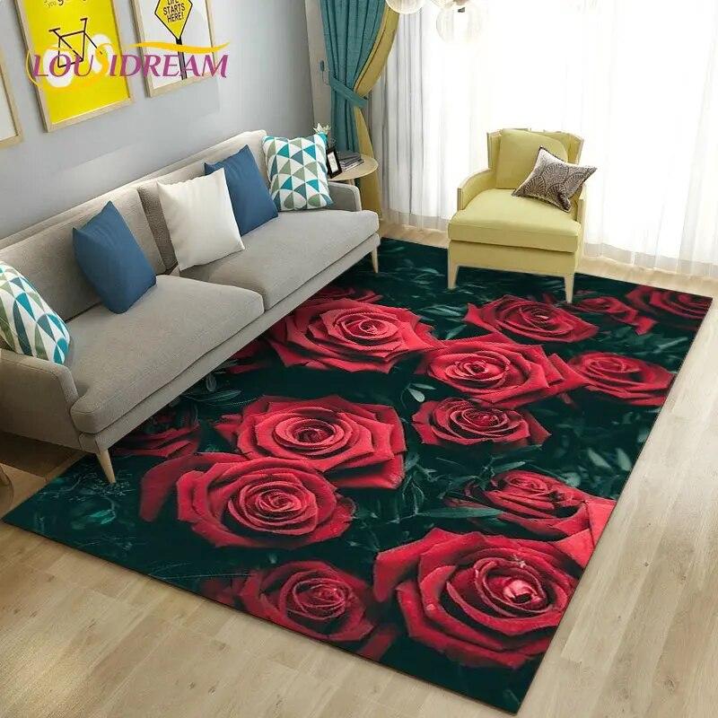 European Luxury Flower Rose Leaf Area Rug,Carpet Rug for Living Room Bedroom Sofa Doormat Decoration,Kitchen Non-slip Floor Mat