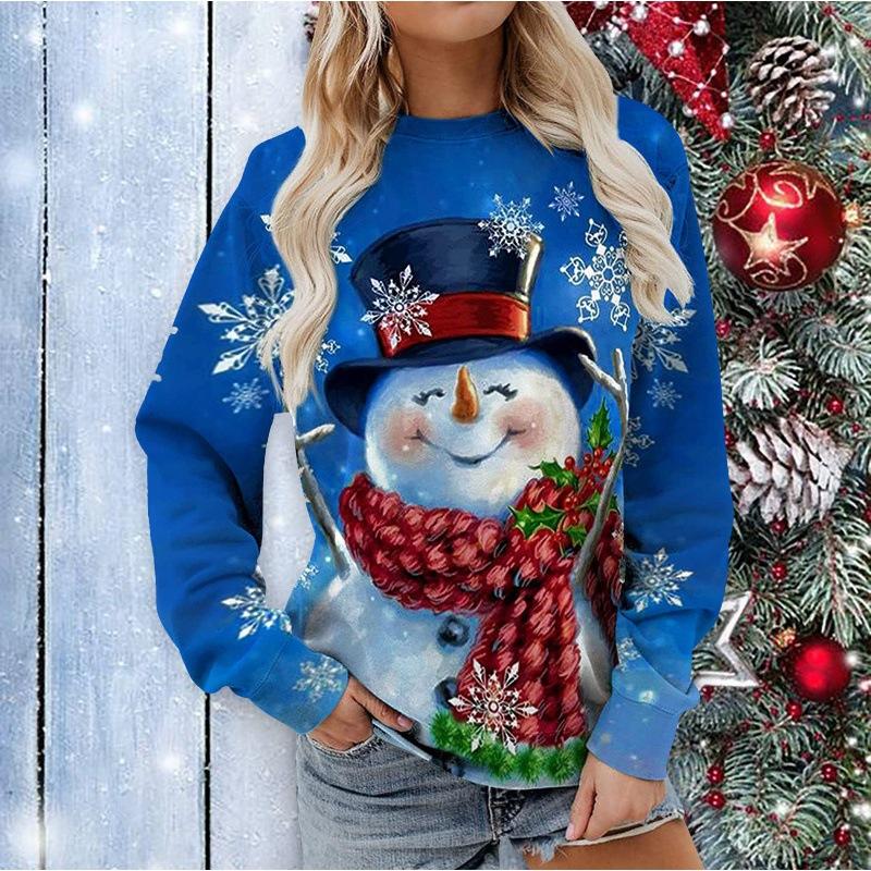 QICED Women's Christmas Snowman Print O-Neck Long Sleeve Autumn Casual Pullover Top