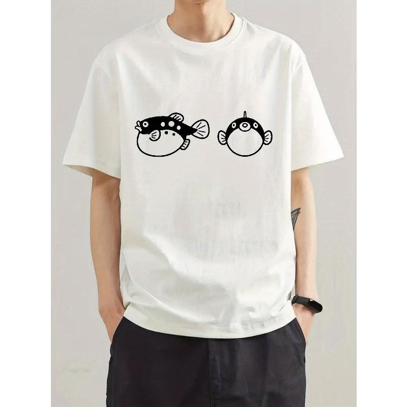 Men'S T-Shirt with Digital Direct Printing, Cartoon Design of Two Fish, Fashionable Print, Summer Casual Short-Sleeve T-Shirt