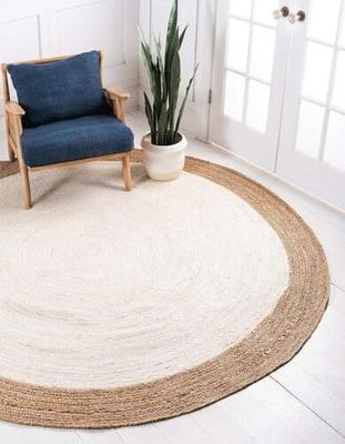 Aizza Trends Indian Handmade Braided Inner White Natural Jute Area Rug- Jute Rug- Dining Room- Living Room