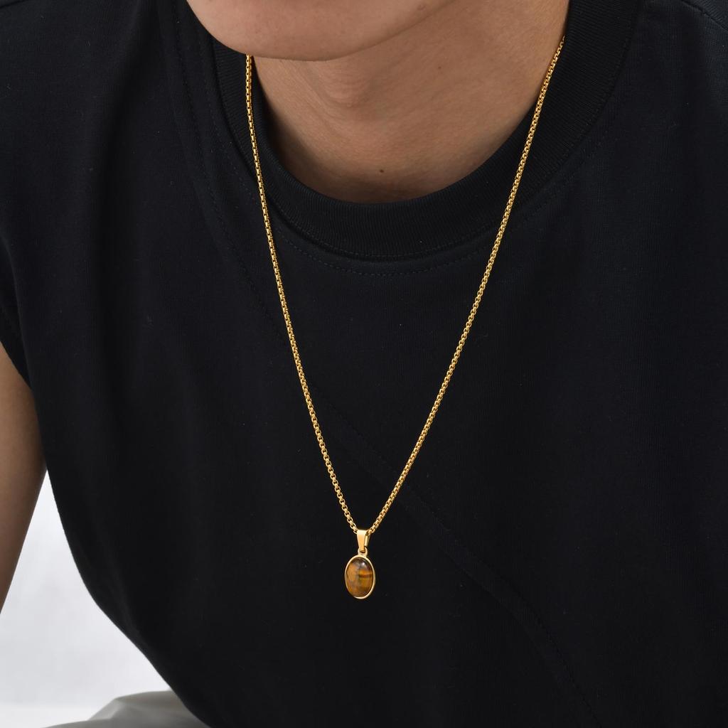 Men's Fashion Minimalist Natural Tiger Eyes Stone Necklace, Stainless Steel Geometric Pendant Necklace, Punk Vintage Jewelry