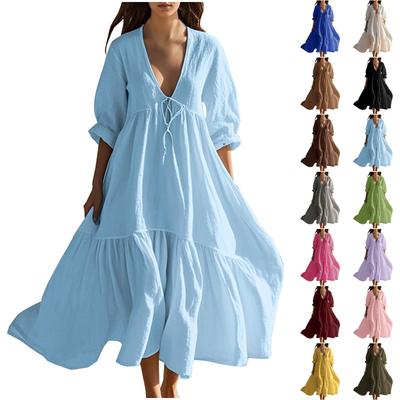Γυναικείο Καλοκαιρινό Μοντέρνο Χρώμα V-neck Κοντομάνικο Φόρεμα Παραλίας Δαντέλα Πλεχτό Φόρεμα