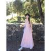 Kumikumi Gentle Sweet Girl Style U-Collar Pink Strap Dress Women's Summer Silm Slimming A- Line Skirt Long Dress