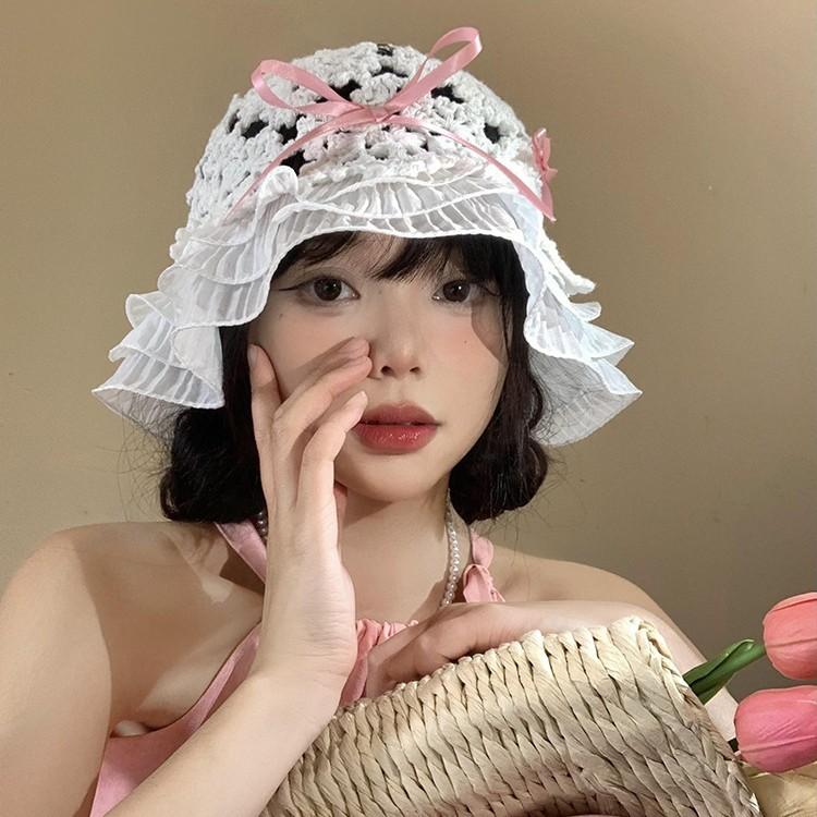 Knitted Hollow Bow Fisherman Hat Women Sun Protection Face Small Lace Basin Hat Japanese Big Head Hat Trendy
