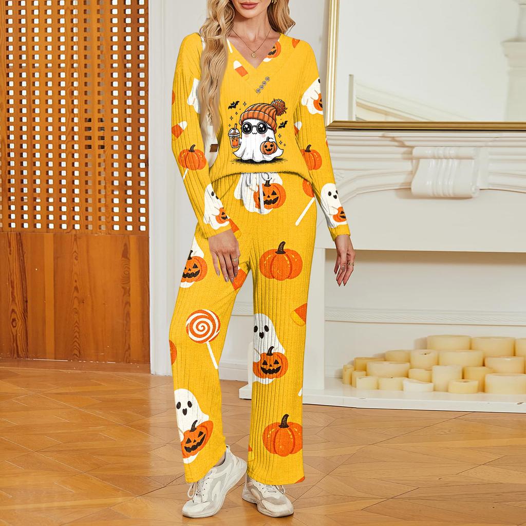 Women's Halloween Print V-Neck Long Sleeve Pajama Set with Pockets Loose Fit Sleepwear Set