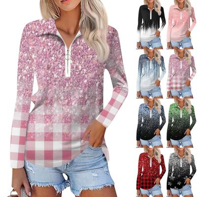 Women's Spring And  Fashion Casual  Printed Zipper V-Neck Long Sleeve Shirt Tops