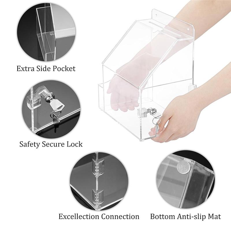 B03B-Donation Box With Lock With Side-Pocket Collection Boxes For Voting Locking Suggestion Mailbox For Fundraising, Voting Box