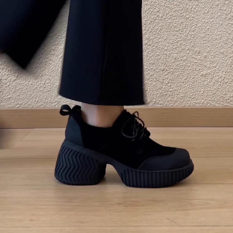 Retro Round-toe Thick-soled Shoes for Heightening, Lace-up Leather Shoes, Single Shoes for Women