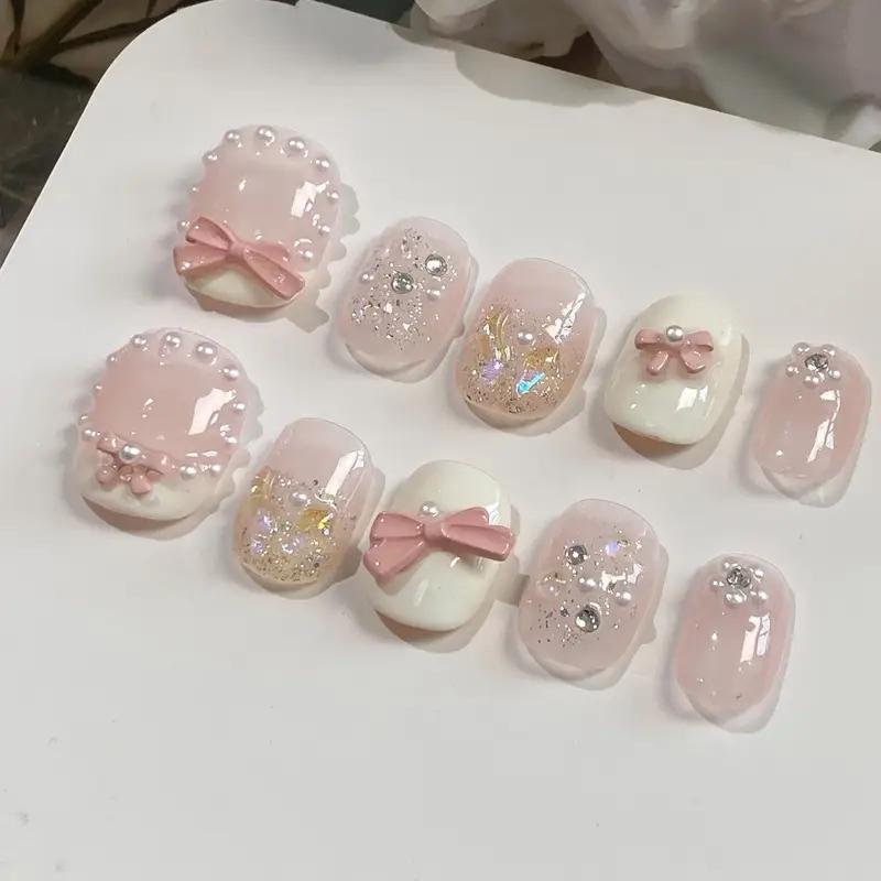 10Pcs Light Luxury Short Cute Bow Handmade Fake Nails Adorable Girl Nail Art Decoration Patches