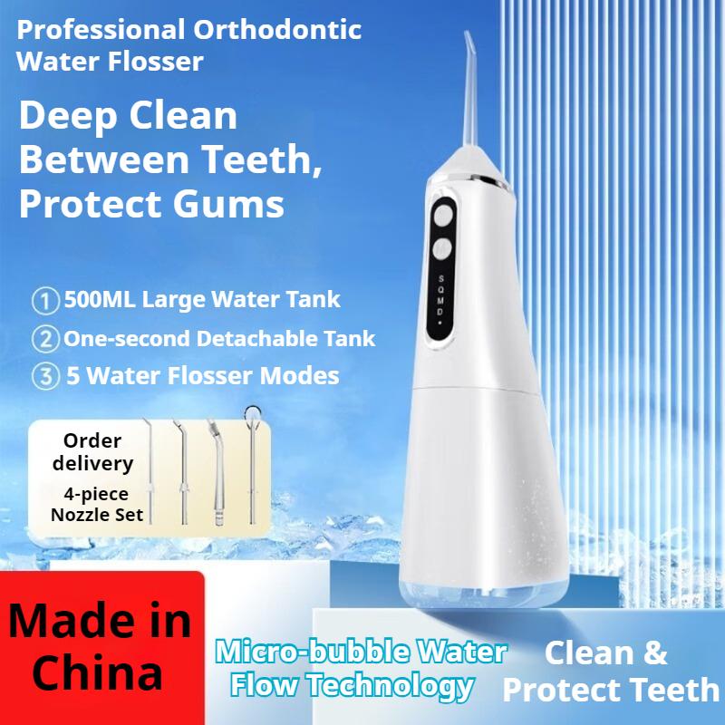 Handheld professional tooth flusher removes calculus micro-bubbles, deeply cleans tartar 500ml large water tank, and gives 4 nozzles as a gift.