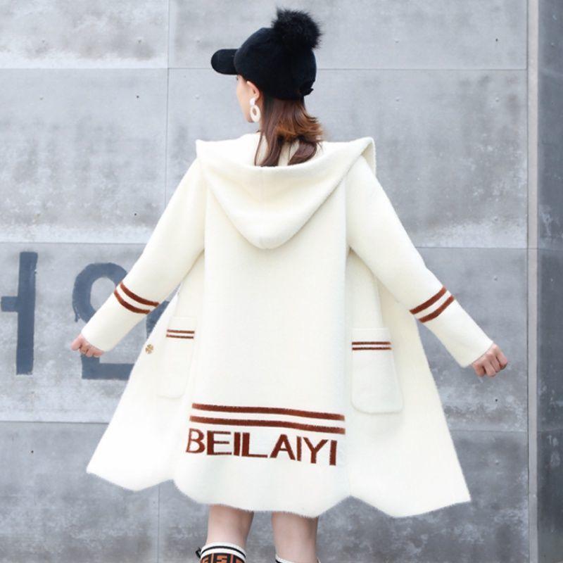 

Женский шерстяной кардиган миди с капюшоном поверх свитера из норки в зимнем стиле one size белый